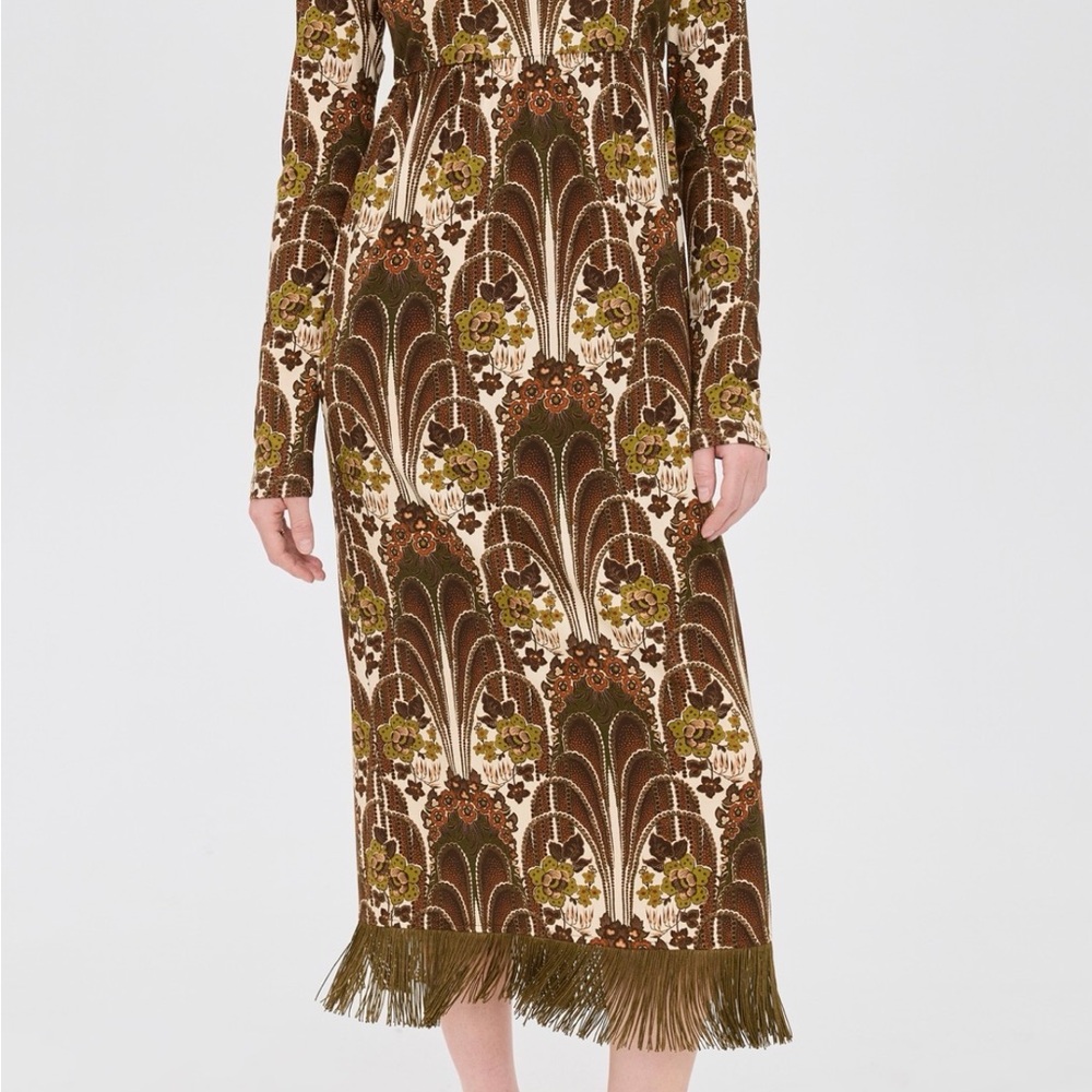 Cara Cara Brown Floral Fringe Long Sleeve Midi Dress